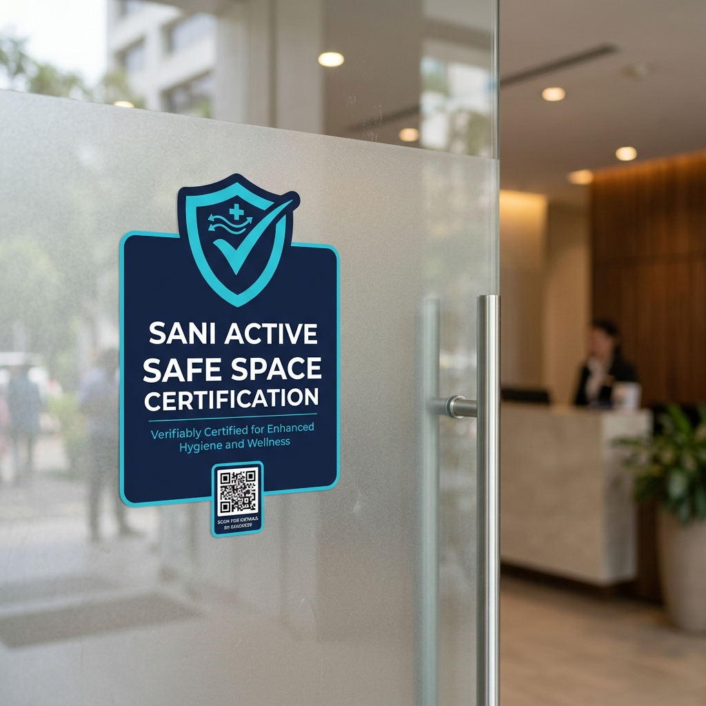 Sani Active Certification Sticker on Glass Door